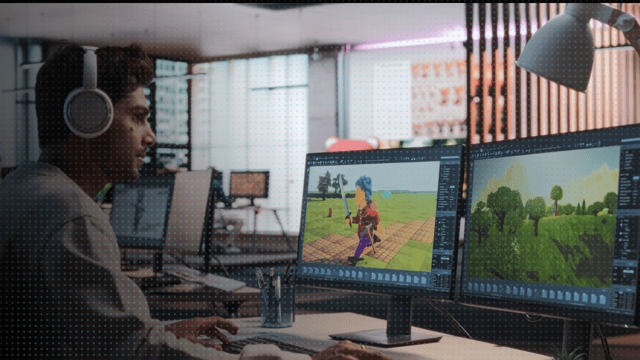 Game developer working on a 3D character model across dual monitors